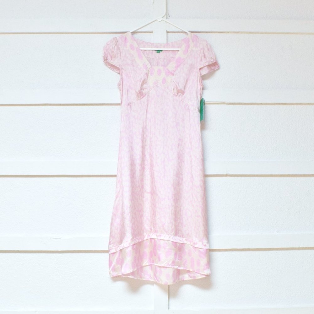 NWT UNITED COLORS OF BENETTON Satin Pink Polka Dotted Cap Sleeve Dress | Size S